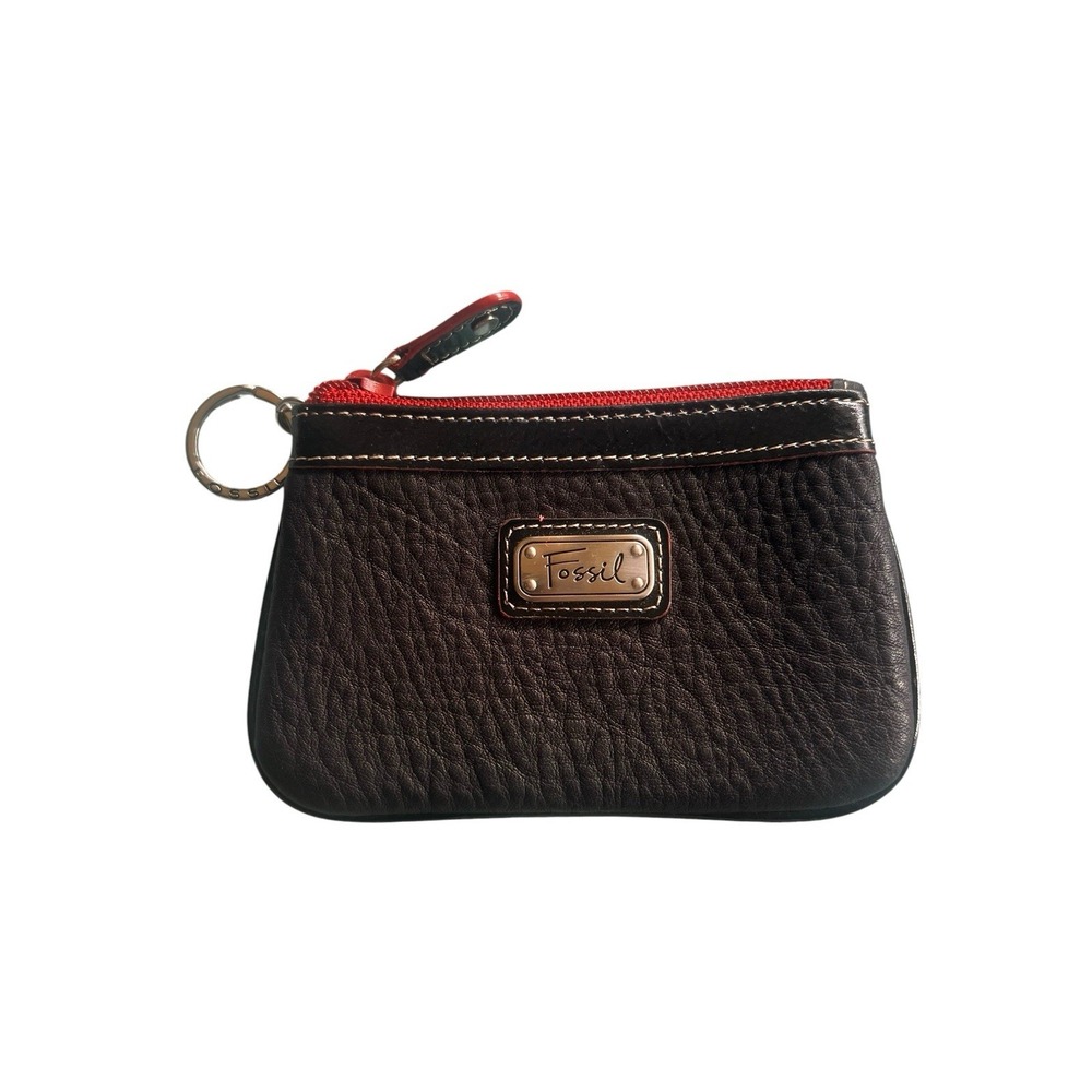 Fossil Black Leather Coin Purse Keychain ID Card Wallet Red Zipper Small Pouch
